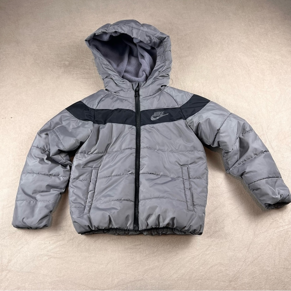 Nike Kids Gray and Black Hooded Puffer Jacket